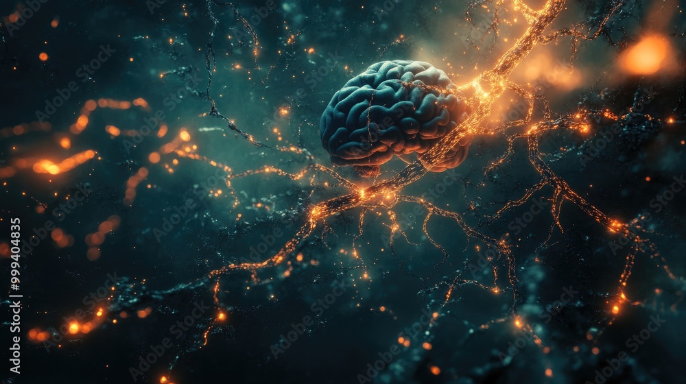 Nervous system, brain and spinal cord highlighted, intricate neuron pathways, 3D illustration Nervous system, brain and spinal cord highlighted, intricate neuron pathways, 3D illustration