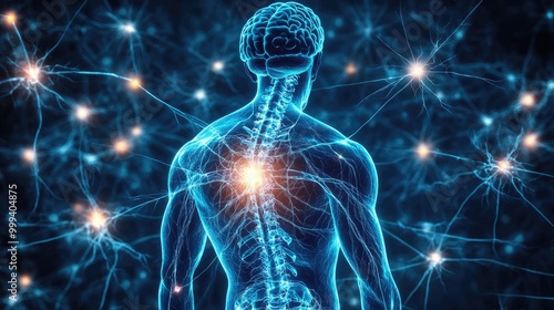 Nervous system, brain and spinal cord highlighted, intricate neuron pathways, 3D illustration
