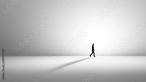 A lone figure walking into a blur of light on a white background, creating an ethereal effect.