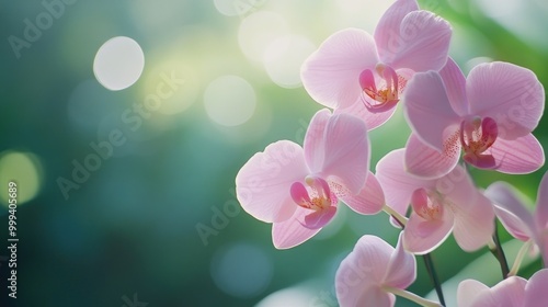 A close-up of a pink orchid in full bloom, its delicate petals glowing in soft natural light, with a blurred green background.