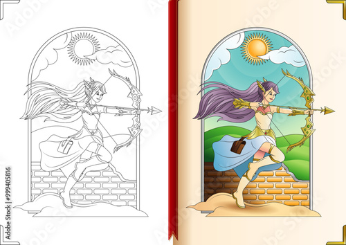 Princess with bow and arrow coloring book