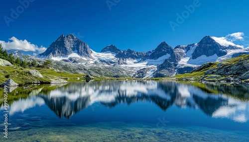 Wallpaper Mural Breathtaking mountain landscape reflecting on a serene lake under a clear blue sky, showcasing nature's stunning beauty. Torontodigital.ca