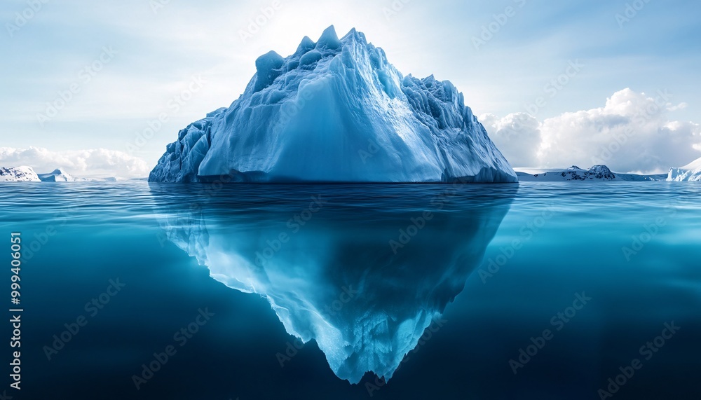 A stunning iceberg rises majestically from calm blue waters, reflecting the serene sky, showcasing the beauty of nature. A stunning iceberg rises majestically from calm blue waters, reflecting the serene sky, showcasing the beauty of nature.