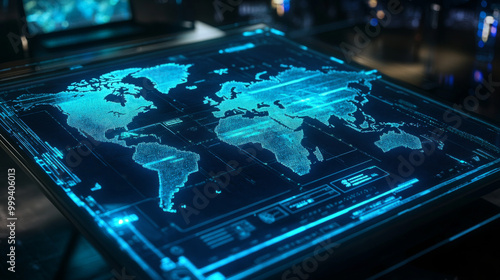 Wallpaper Mural Multi-Exposure of a Table with a Computer and World Map Hologram: International Data Network Concept. Torontodigital.ca