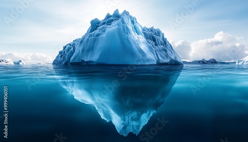 A stunning iceberg rises majestically from calm blue waters, reflecting the serene sky, showcasing the beauty of nature.