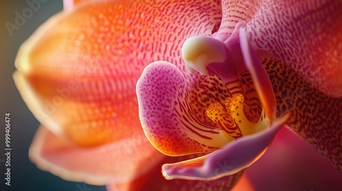 A close-up of an orchid's stamen and pistil, highlighting the flower's delicate reproductive structures in vivid detail.