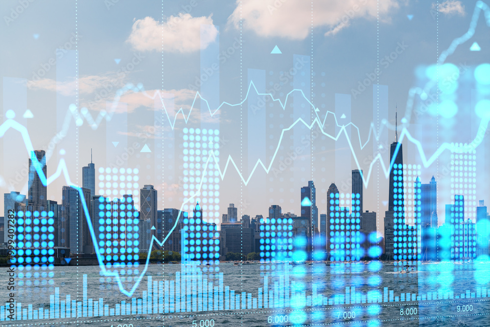 Chicago skyline with digital financial graph overlay on blue sky background. Chicago skyline with digital financial graph overlay on blue sky background.