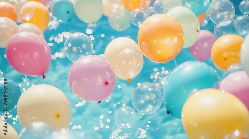 A colorful array of balloons floating in a swimming pool, adding a fun and festive touch to a summer pool party. A colorful array of balloons floating in a swimming pool, adding a fun and festive touch to a summer pool party.