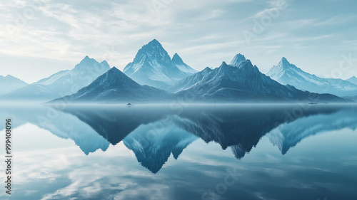 Serene mountain landscape reflecting in tranquil waters during early morning light