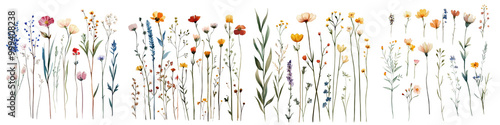 Vibrant botanical showcasing a diverse array of colorful wildflowers and lush greenery in a serene meadow setting The artwork features a beautiful intricate display of delicate floral blooms stems