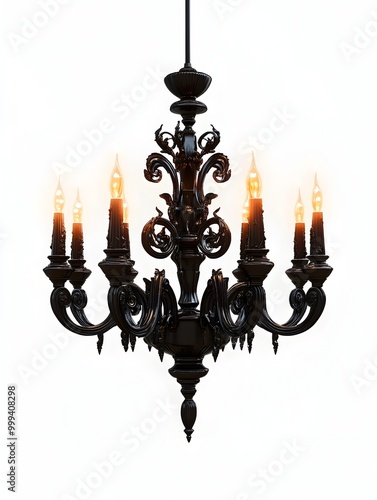 Haunting Metallic Chandelier with Flickering Candles in Pristine White Backdrop