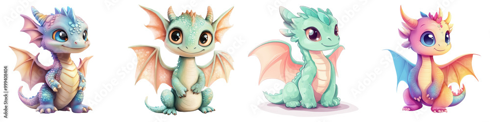 Fototapeta premium Adorable Fantasy Dragons Cute Cartoon Mythical Creatures in Colorful Whimsical Designs Playful child like of baby dragons with wings scales and antlers in a variety of vibrant imaginative styles