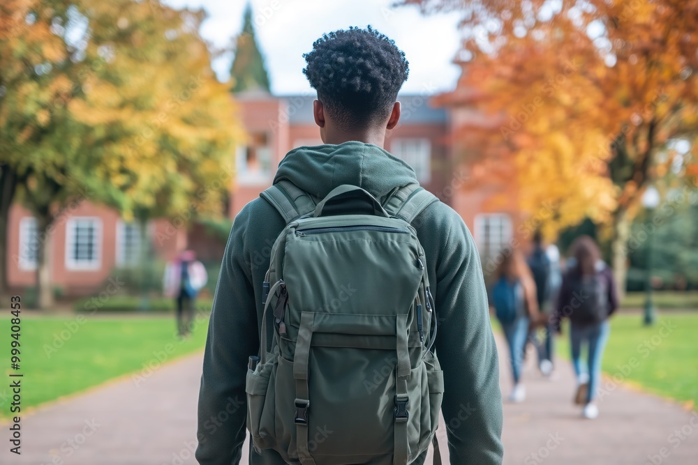 An African American male student walking An African American male student walking