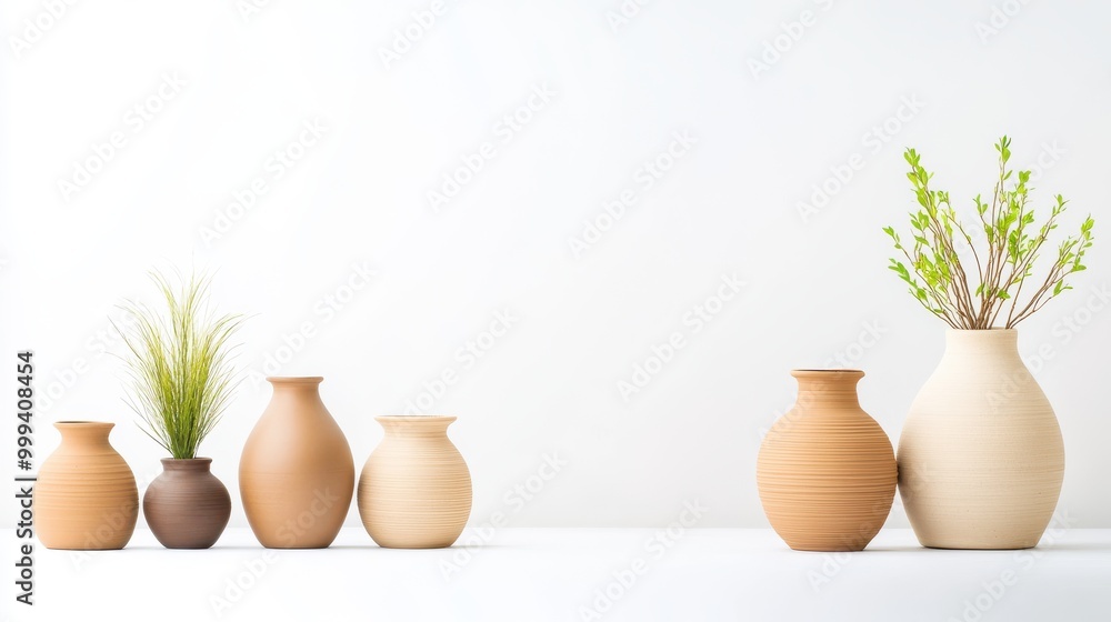 Clay pots with a rustic, handcrafted feel placed on a white background, emphasizing texture and craft. Clay pots with a rustic, handcrafted feel placed on a white background, emphasizing texture and craft.