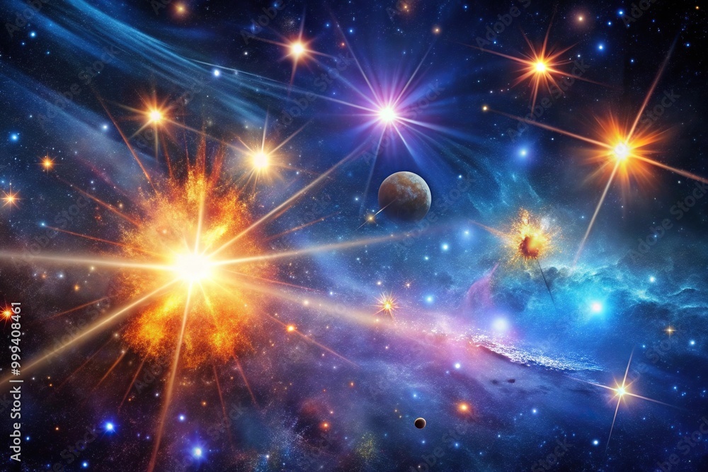 Abstract background of outer space with ultra bright stars and comets on the theme of explosions and life in space Reflected Abstract background of outer space with ultra bright stars and comets on the theme of explosions and life in space Reflected