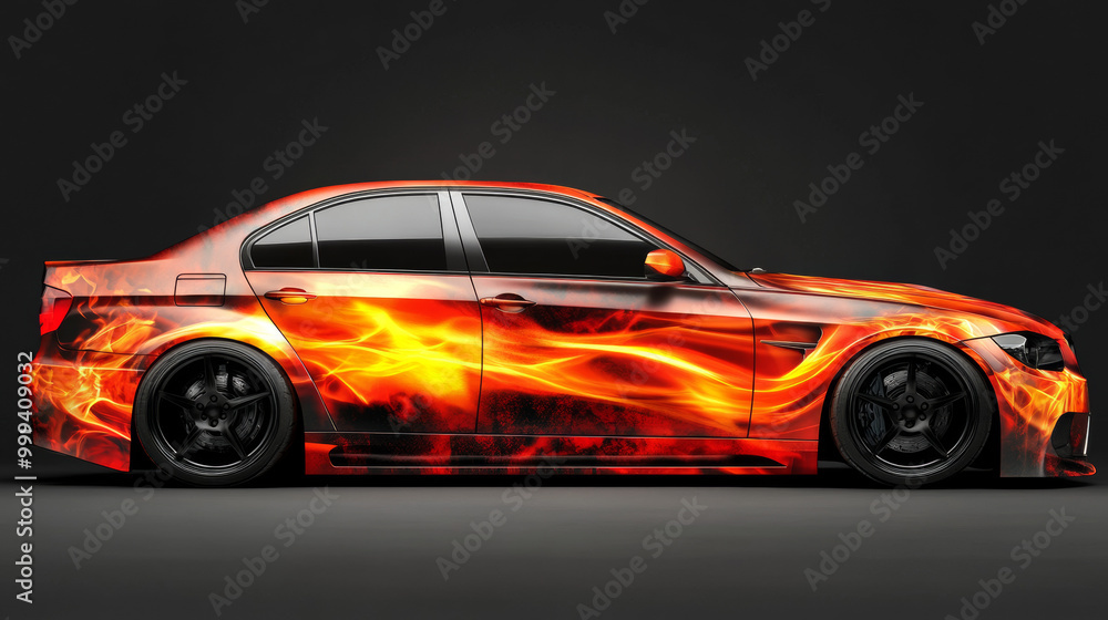 Car wrap sticker design featuring a burning flame motif. Car wrap sticker design featuring a burning flame motif.