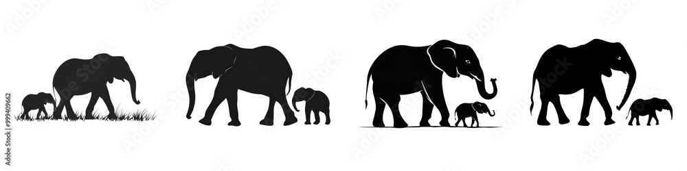 Fototapeta premium Silhouette of a herd of elephants walking through a grassy field or savanna landscape The elephants are shown in a minimalist black and white design