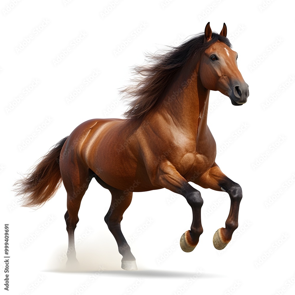 Obraz premium Majestic Chestnut Horse Galloping Through Misty Meadow with Powerful Muscles and Flowing Mane in Romantic Oil Painting Style