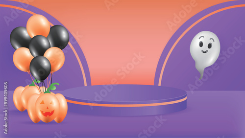 A Halloween-themed display podium with a spooky background. Perfect for showcasing products, featuring Halloween elements like pumpkins, ghosts, and dark tones to create a festive atmosphere.