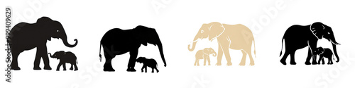 Minimalist graphic of an African elephant family silhouette in a natural savanna landscape Black and white design with a mother and baby elephants