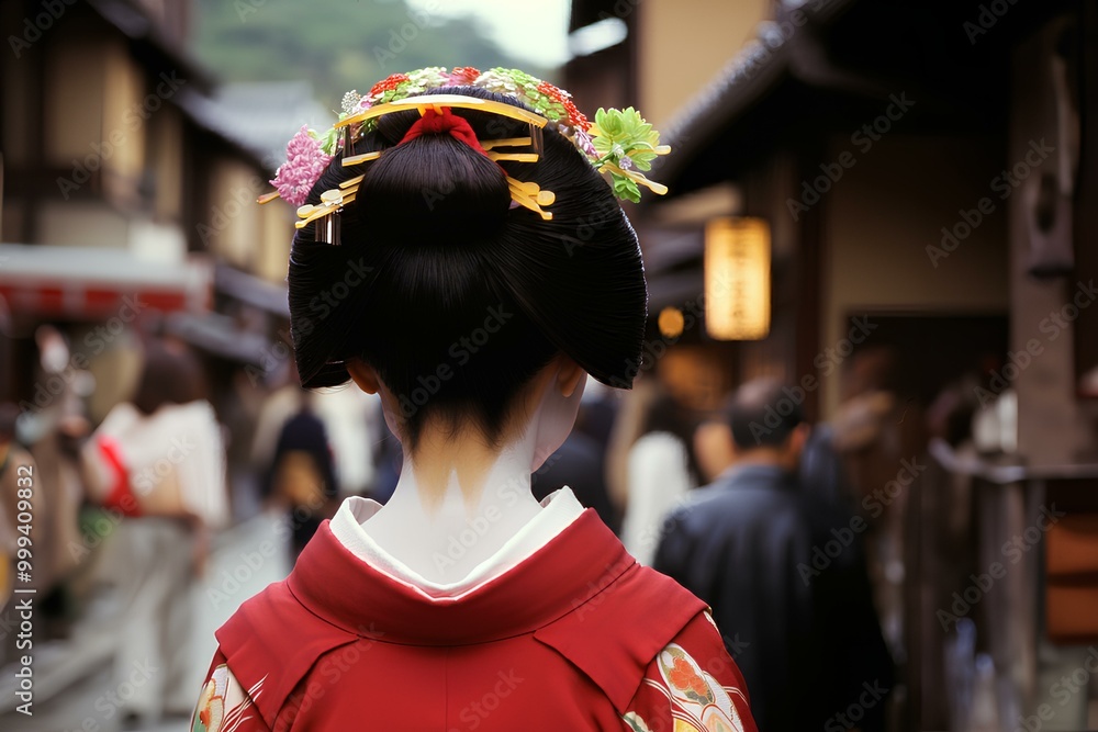 京都の道を歩く舞妓さんの後ろ姿。美しい着物｜The back view of a maiko walking down a street in Kyoto. Beautiful Kimono