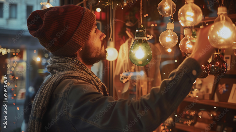 Naklejka premium Man Admiring Decorative Lights in a Cozy Shop