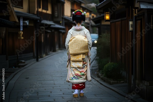 京都の道を歩く舞妓さんの後ろ姿。美しい着物｜The back view of a maiko walking down a street in Kyoto. Beautiful Kimono