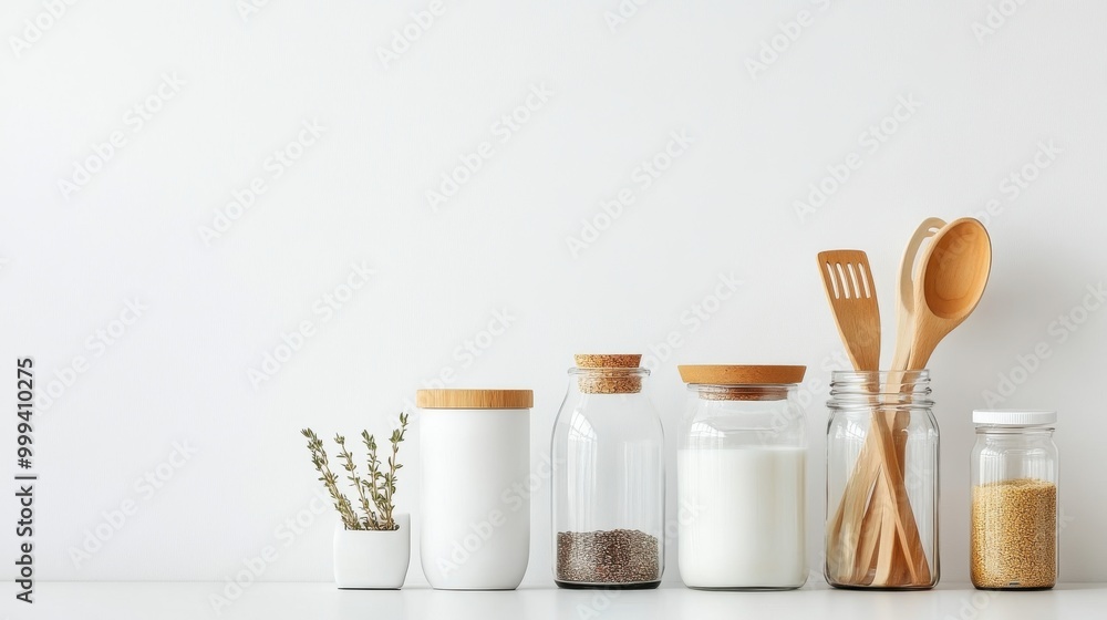 Glass jars and containers for zero-waste living displayed on a simple white surface. Glass jars and containers for zero-waste living displayed on a simple white surface.