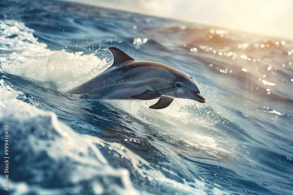 Fototapeta premium Dolphin Leaping Out of Ocean Waves in Sunlight