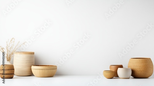 Handwoven baskets against a simple white background, with detailed textures and earthy tones.