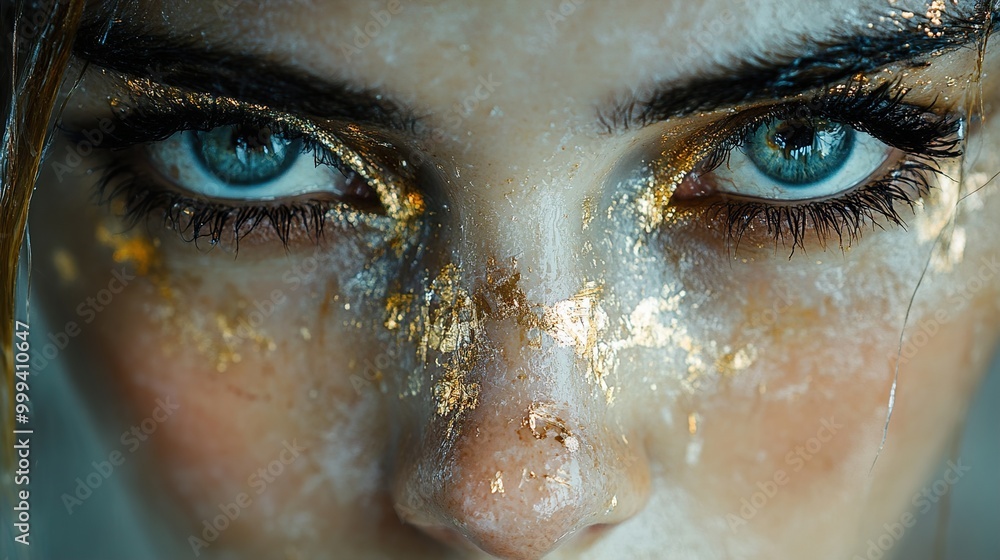 Close Up Portrait of a Woman with Golden Makeup and Blue Eyes Close Up Portrait of a Woman with Golden Makeup and Blue Eyes