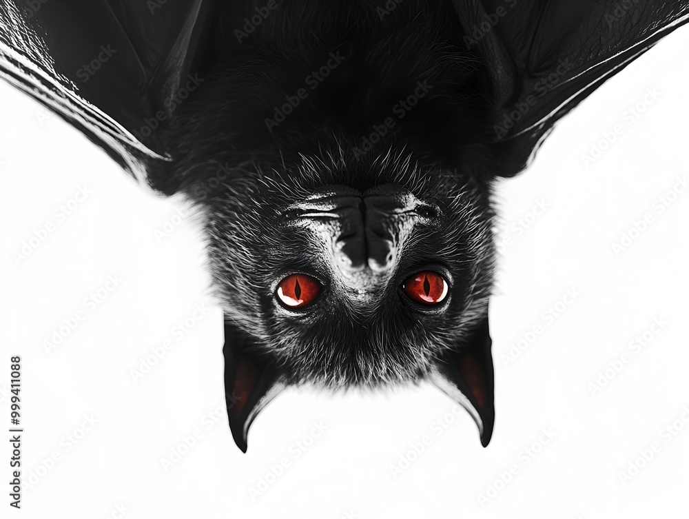 Fototapeta premium Mysterious Vampire Bat with Piercing Red Eyes Hanging Upside Down in Minimalist Studio Setting