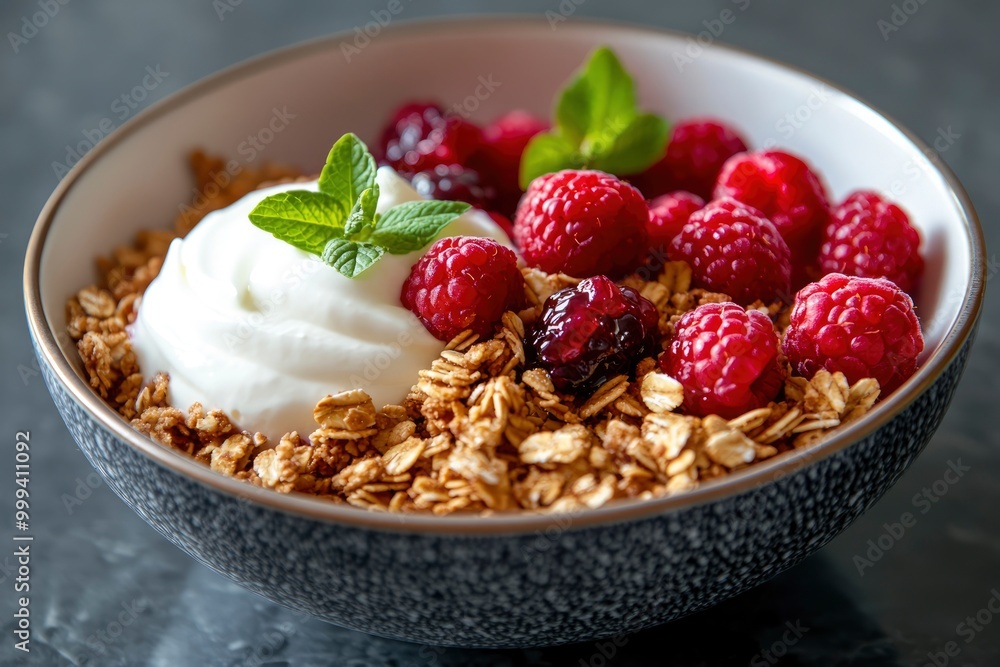 Close up of granola, yogurt, and fresh raspberries in a bowl. Close up of granola, yogurt, and fresh raspberries in a bowl.
