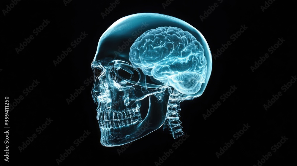 Medical x-ray of head, transparent skull and brain, 3D illustration Medical x-ray of head, transparent skull and brain, 3D illustration