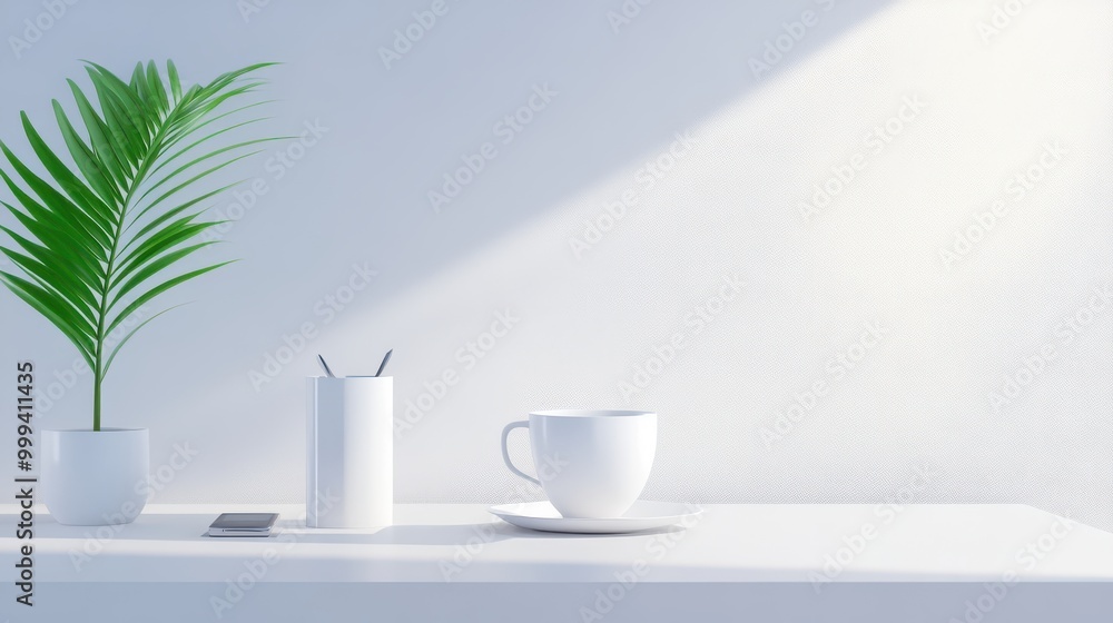 Fototapeta premium Minimalistic office items on a plain white surface, illuminated by natural window light for a fresh feel.