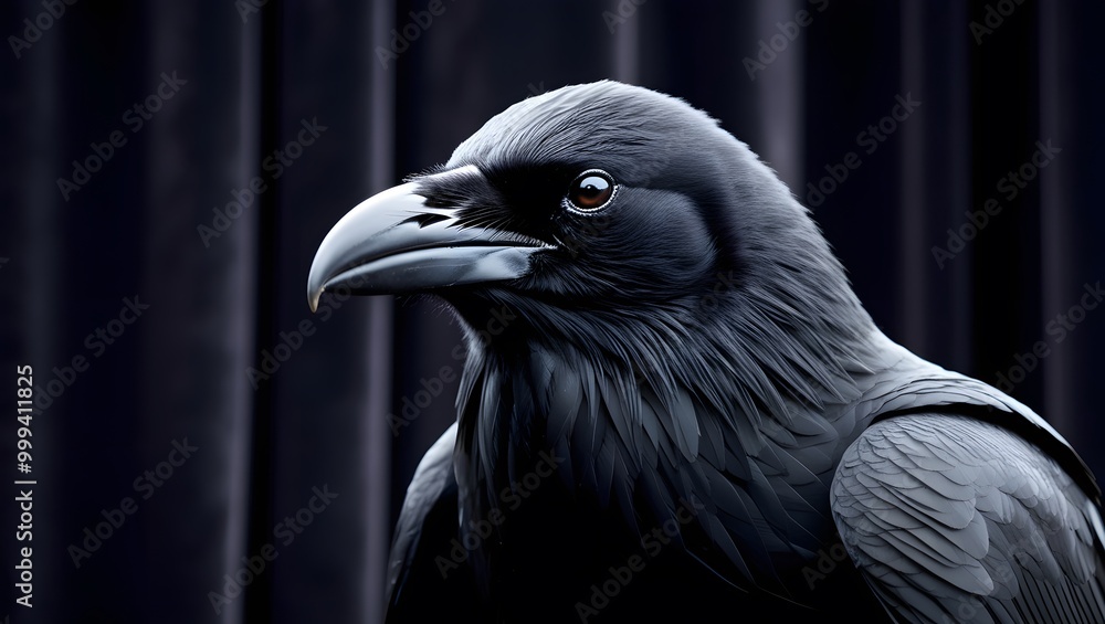 A black crow with shiny feathers looks fearsome on a dark black background. A black crow with shiny feathers looks fearsome on a dark black background.