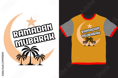 Elegant Ramadan Mubarak Typography T-Shirt Design with Crescent Moon and Stars photo