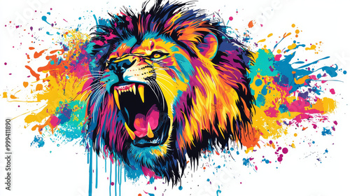 Colorful vector logo of a lion's roar for t-shirt printing, featuring modern vibrant abstract painting symbolizing freedom photo