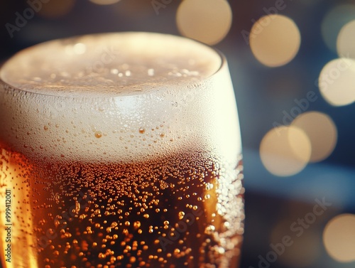 Close-up of a frosty beer glass with bubbles, elegant background blur.