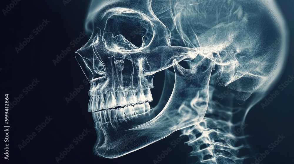 Skull x-ray with jaw and teeth clearly visible, 3D illustration