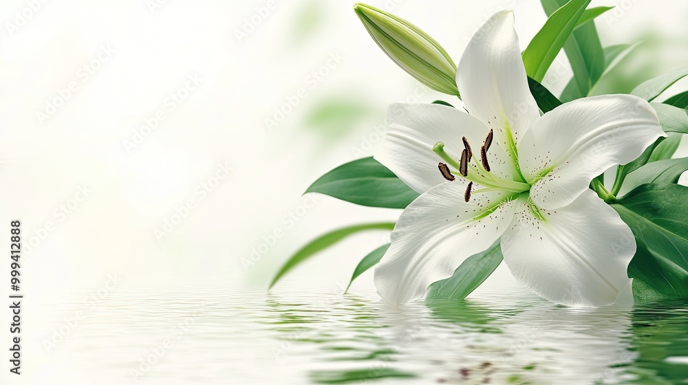 Obraz premium Horizontal Perfume Lily Flower with Green Leaves and Water Reflection on White Background for Spa and Health Concept Design in Banners and Posters