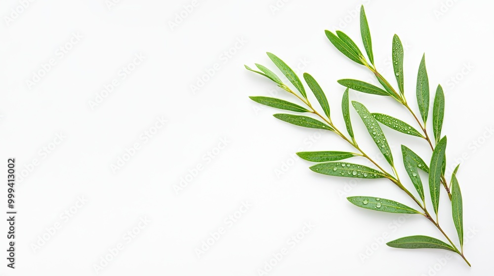 Fototapeta premium Horizontal Melaleuca Alternifolia (Tea Tree) Branch with Green Needle-Like Leaves and Water Droplets on White Background