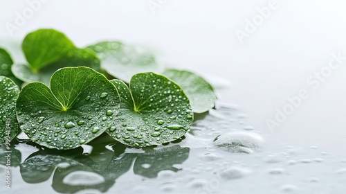 Horizontal Cluster of Centella Asiatica Leaves with Water Droplets and Reflection on White Background for Skincare, Rejuvenation, and Health Concept in Banners and Posters