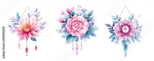 Delicate watercolor floral arrangements featuring peonies and leaves, ideal for decoration or artistic projects.