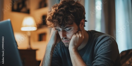 male work at home or freelancer, with a dizzy or stressed expression in front of a laptop