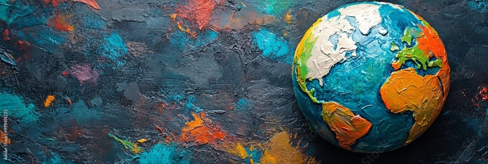 A contemporary illustration of a globe, featuring a textured surface with artistic paint splashes, representing creativity and learning A contemporary illustration of a globe, featuring a textured surface with artistic paint splashes, representing creativity and learning