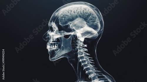 X-ray head scan, showing cranium and facial bones, 3D illustration 