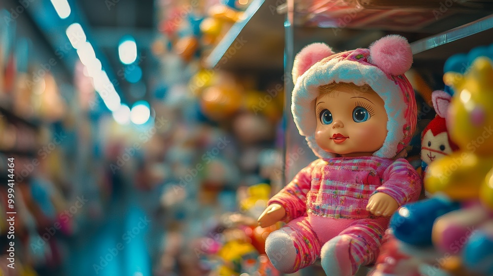 Vibrant Dolls Display at a Playful Toy Market With Soft Lighting Vibrant Dolls Display at a Playful Toy Market With Soft Lighting