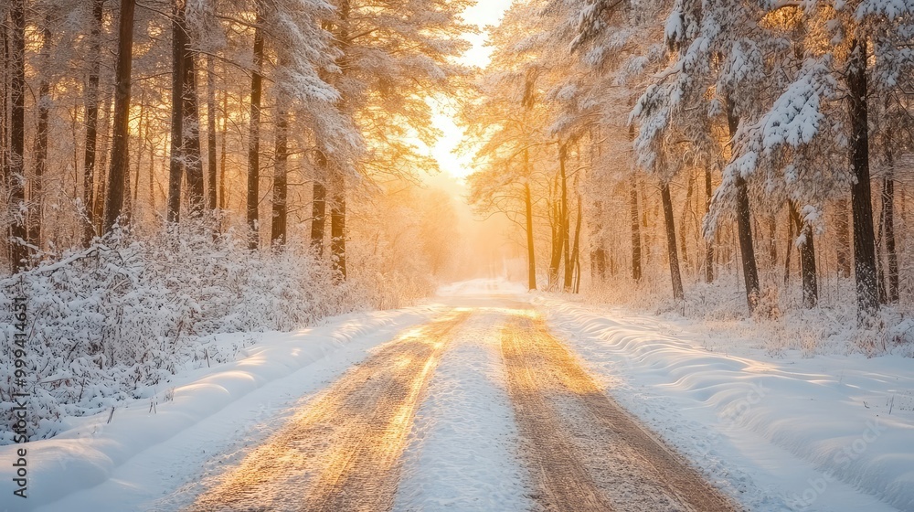 A lonely dirt road, covered in fresh snow, leading through a winter forest, with the soft glow of the morning sun illuminating the snow-laden trees A lonely dirt road, covered in fresh snow, leading through a winter forest, with the soft glow of the morning sun illuminating the snow-laden trees