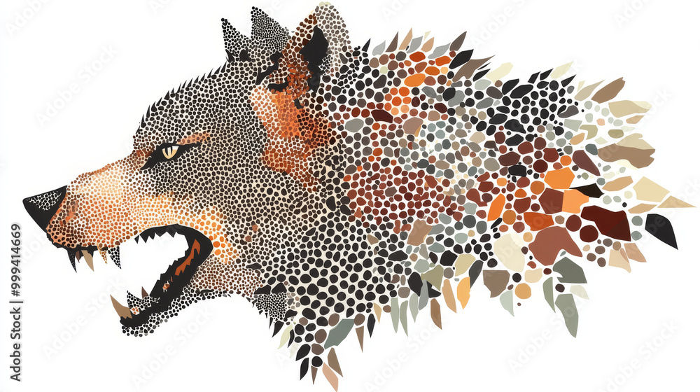 Obraz premium Composition of ragged pieces in various sizes and color tints, based on a werewolf icon. Vector collage made from unequal pieces, featuring werewolf icons arranged with a dotted pattern.